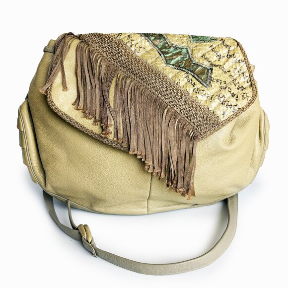 Sharif Handbags - Sharif Shoulder Bag Messenger 80s Retro Snake Skin Leather Fringe Boho